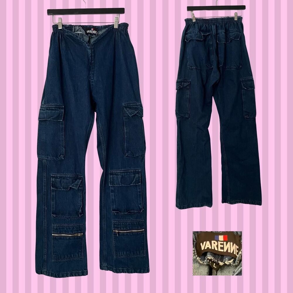 Varenne cotton v shape waist zipper closure cargo jeans unique streetwear